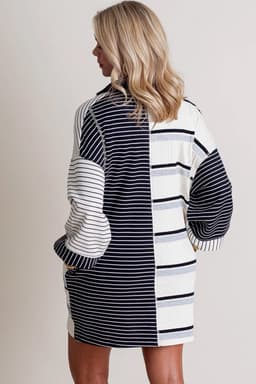 image-Black Stripe Knit Henley Collar Shift Dress - Long Sleeve, Mini Dress
