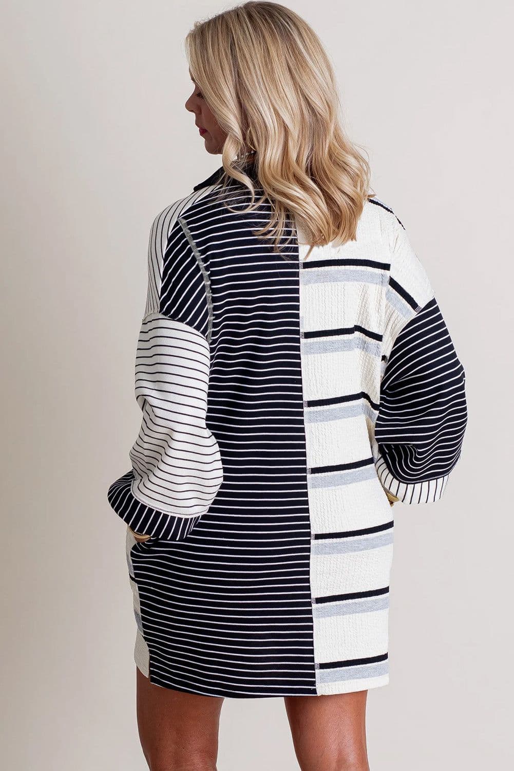 image-Black Stripe Knit Henley Collar Shift Dress - Long Sleeve, Mini Dress
