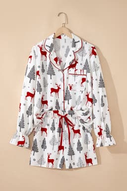 image-White Christmas Pajama Set - Velvet Trim Bow Knot