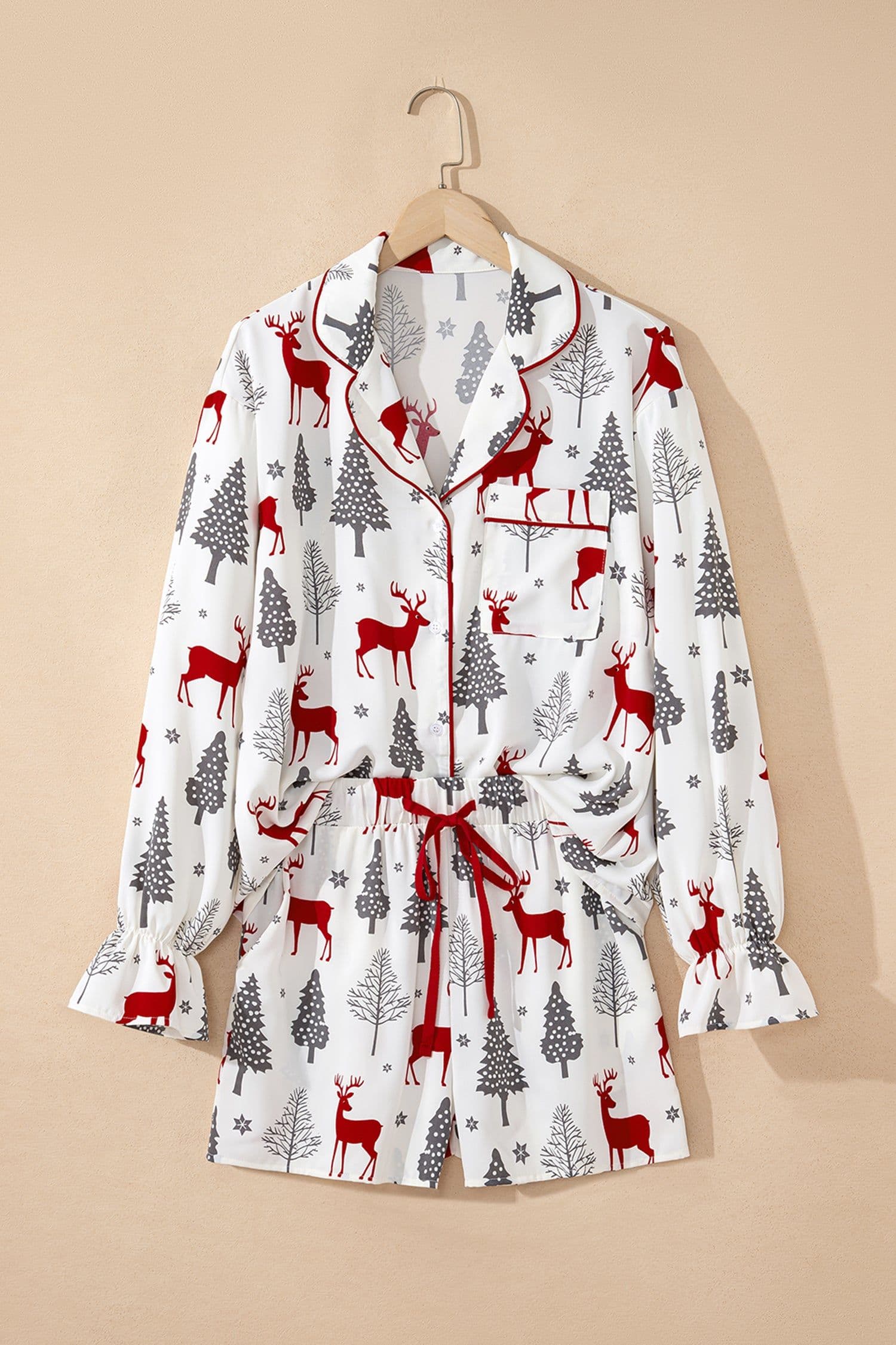 image-White Christmas Pajama Set - Velvet Trim Bow Knot
