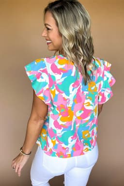 image-Abstract Print Notched Neck Flutter Sleeve Blouse - Multicolour