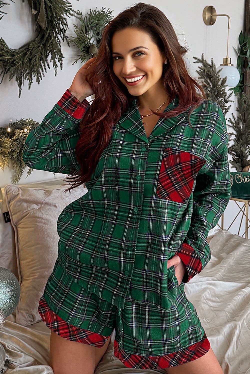 image-Green Plaid Contrast Patched Christmas Holiday Long Sleeve Shirt and Short 2pcs Pajama Set