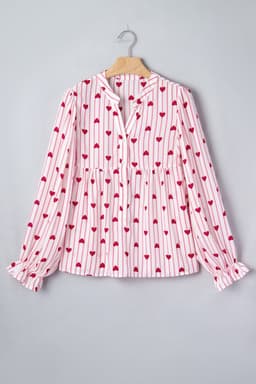 image-Pink Stripe Textured Heart Print Long Flounce Sleeve Shirt