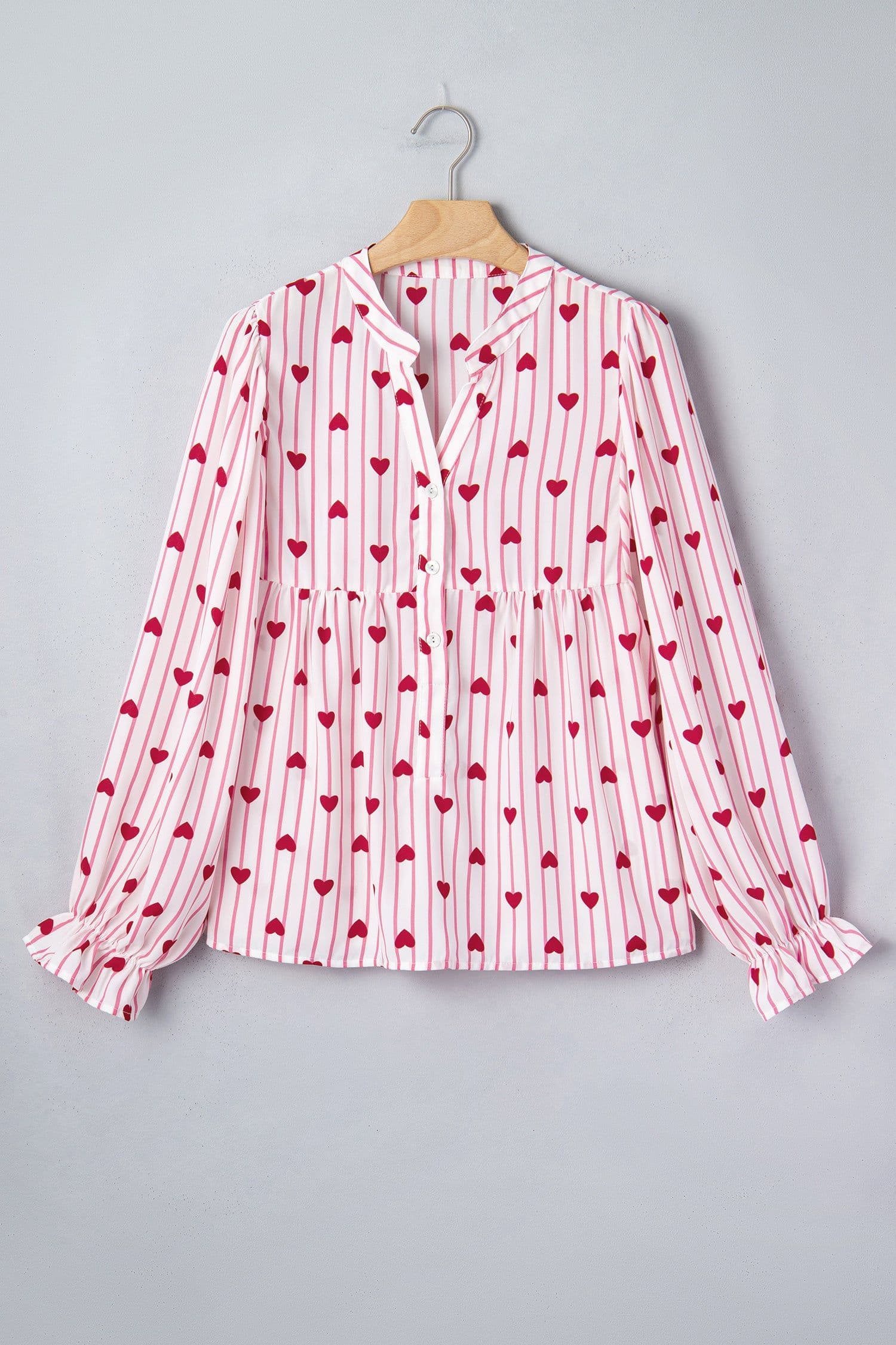 image-Pink Stripe Textured Heart Print Long Flounce Sleeve Shirt