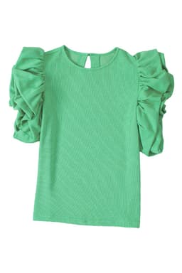 image-Green Ribbed Knit Blouse - Puffy Ruffle Sleeve Crew Neck
