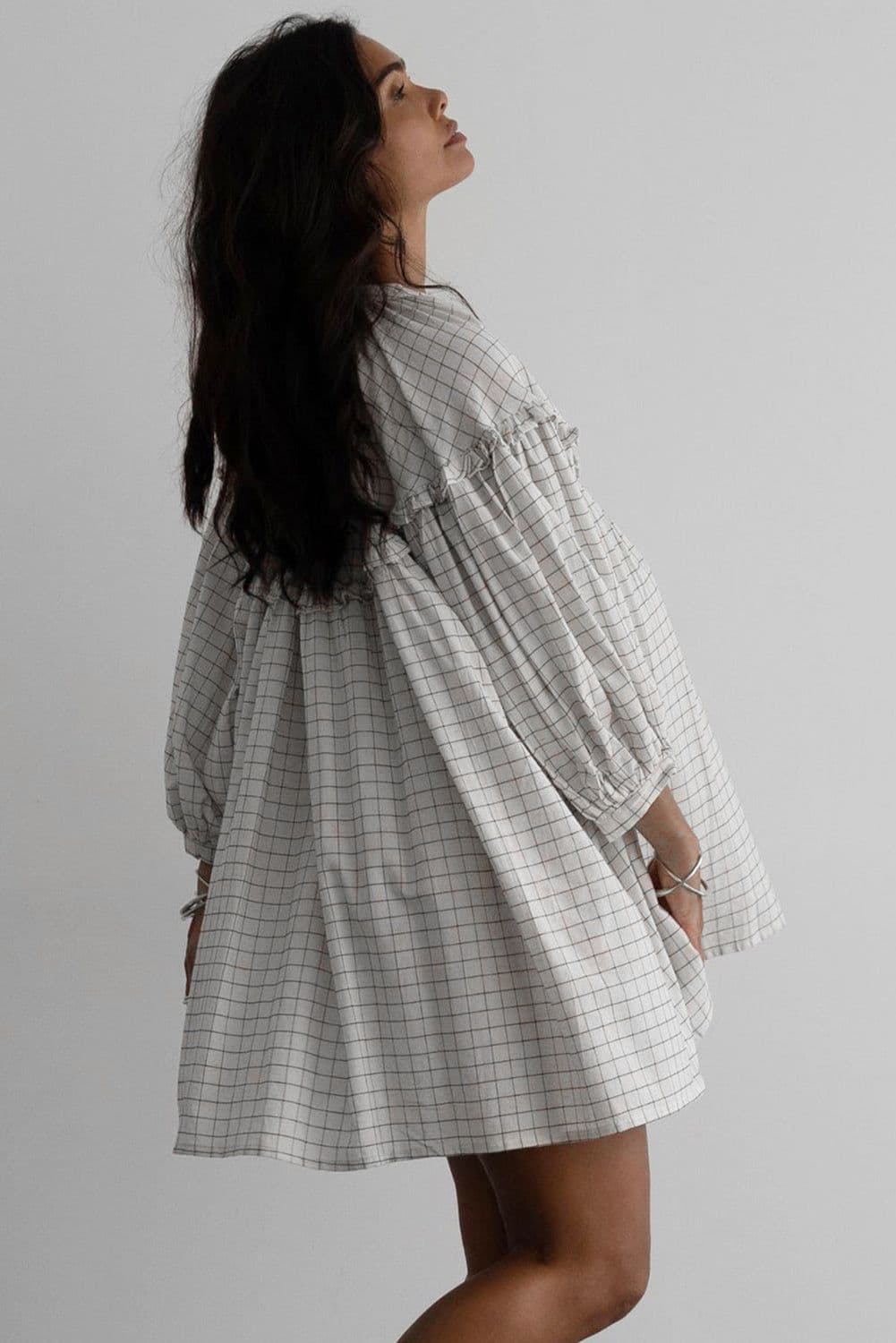 image-Chic White Stripe Frilled Babydoll Dress - V Neck, Lightweight Sleeves