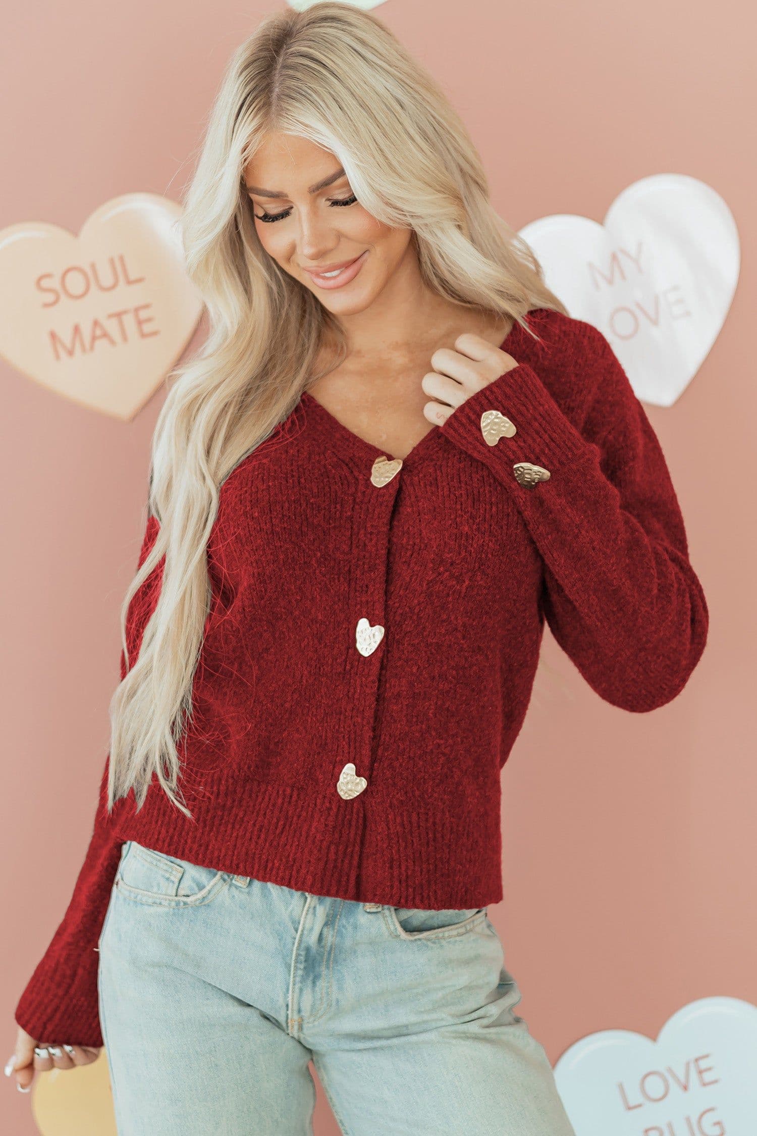 image-Chicory Coffee Heart Metal Button V Neck Cardigan