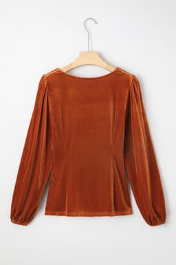 image-Clay Velvet Ribbed Square Neck Slim Puff Sleeve Top