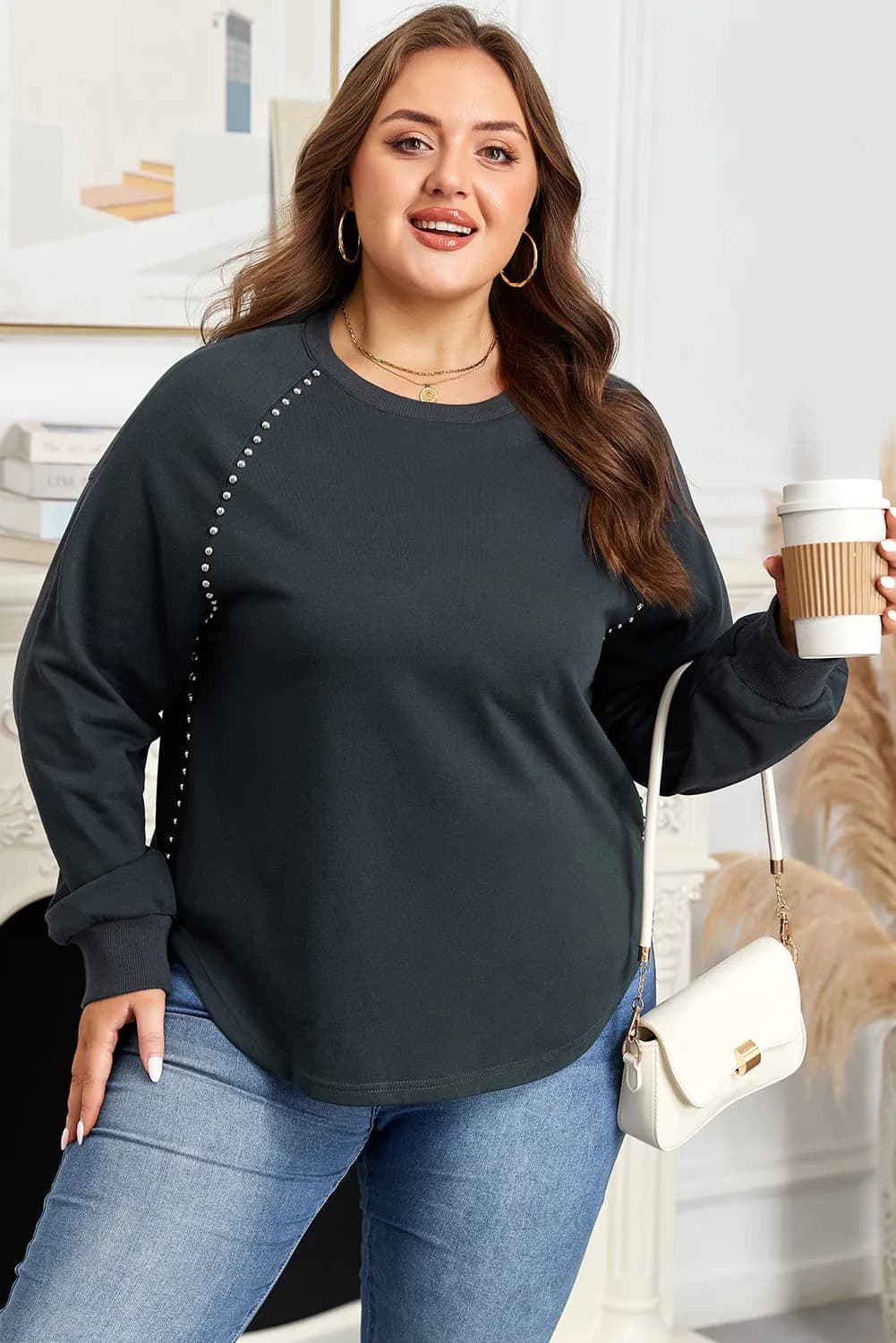image-Black Studded Decor Ribbed Edge Mineral Wash Plus Size Jumper