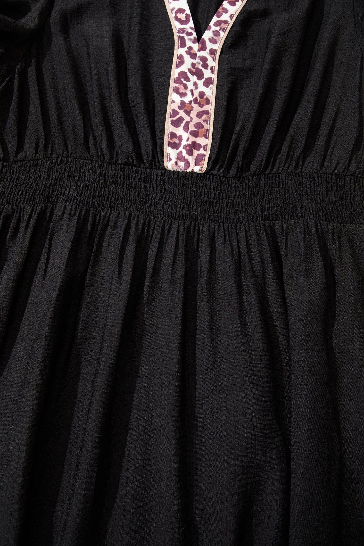 image-Black Leopard V Neck Patchwork Smocked Waist Plus Size Ruffled Dress