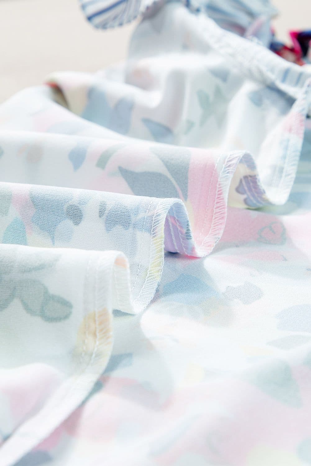 image-Light Blue Floral Print Blouse - Striped Ruffled Sleeves