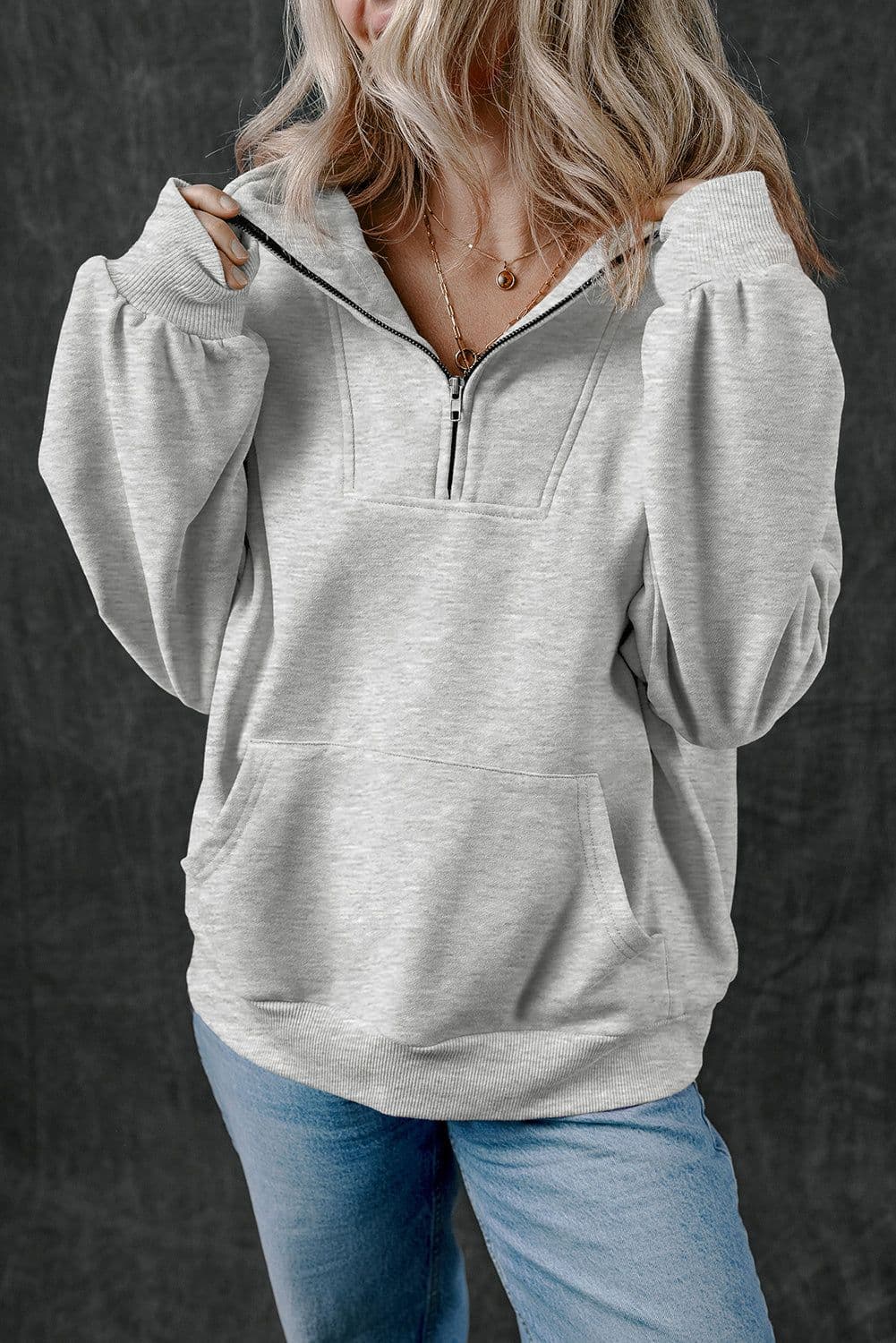 image-Light Grey Kangaroo Pocket Zip-up Sweatshirt (56 characters)
