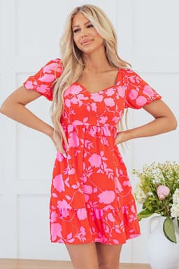 image-Floral Ruffled Bubble Sleeve Sweetheart Neck Mini Dress - Red