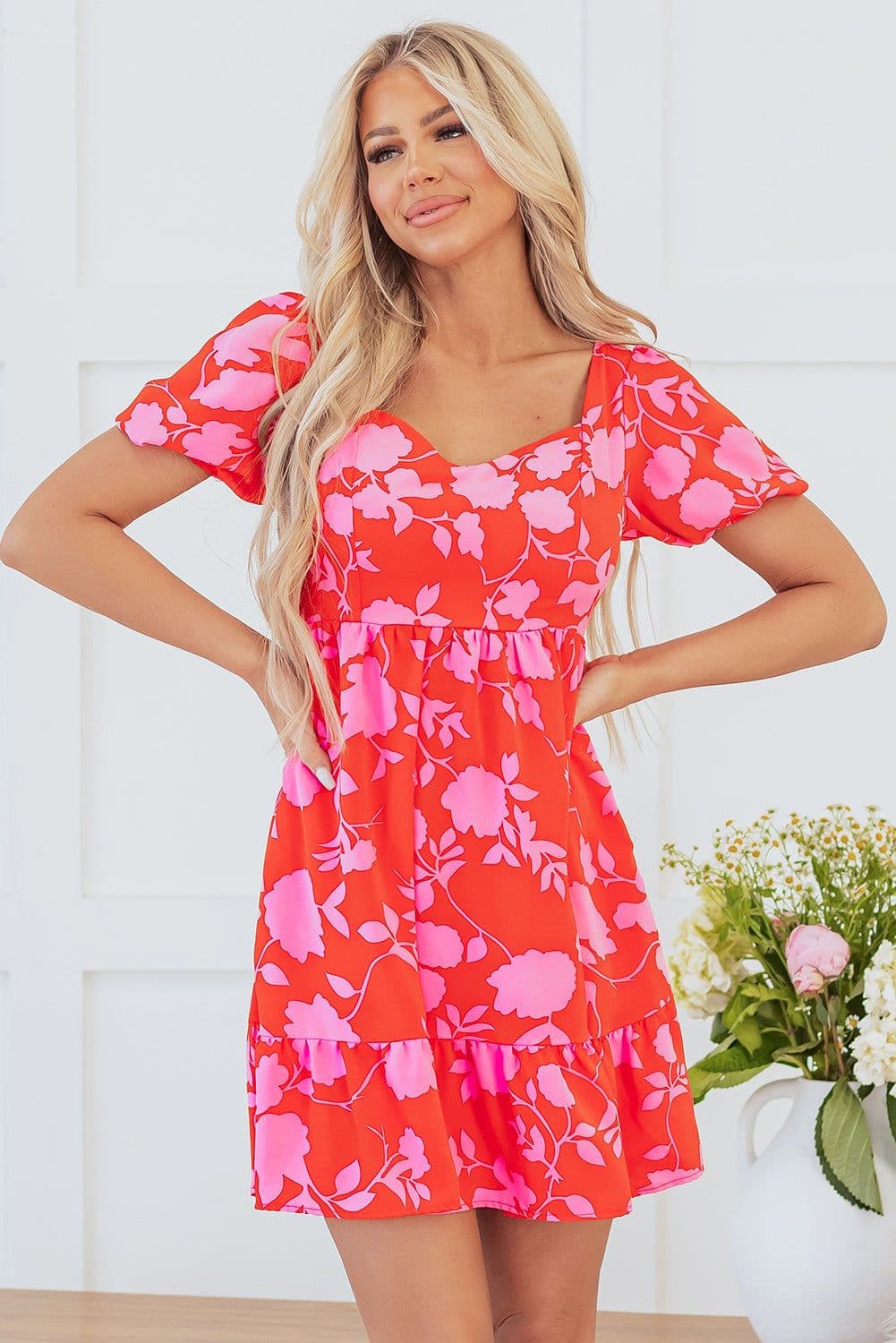 image-Floral Ruffled Bubble Sleeve Sweetheart Neck Mini Dress - Red