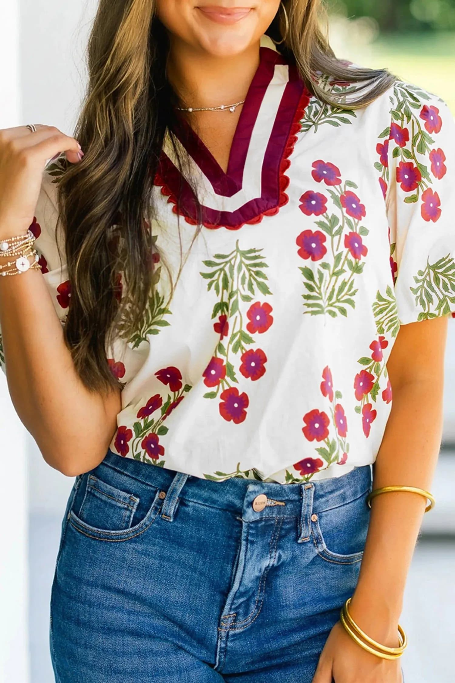 image-White Floral Blouse - Short Puff Sleeve Contrast
