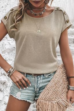 image-Smoke Gray Batwing Sleeve Casual Tee - Button Detail, Versatile