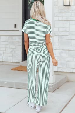 image-Khaki Stripe Crew Neck Tee Drawstring Waist Cropped Pants Set