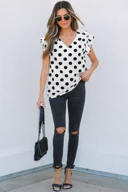 image-Polka Dot Ruffled Sleeve V-Neck Blouse - White