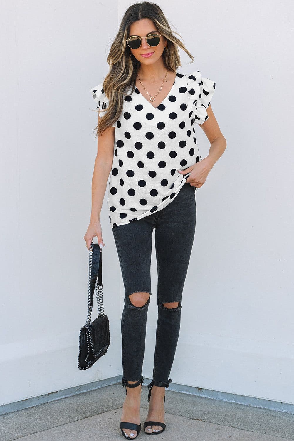 image-Polka Dot Ruffled Sleeve V-Neck Blouse - White