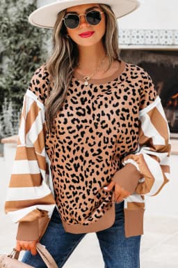 image-Khaki Stripe Leopard Patchwork Sweatshirt with Slits