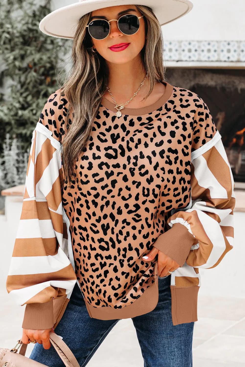 image-Khaki Stripe Leopard Patchwork Sweatshirt with Slits