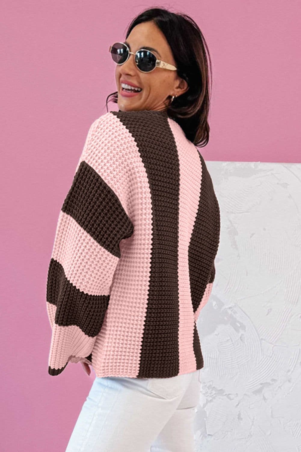 image-Fushia Striped Color Block Thermal Knit Sweater