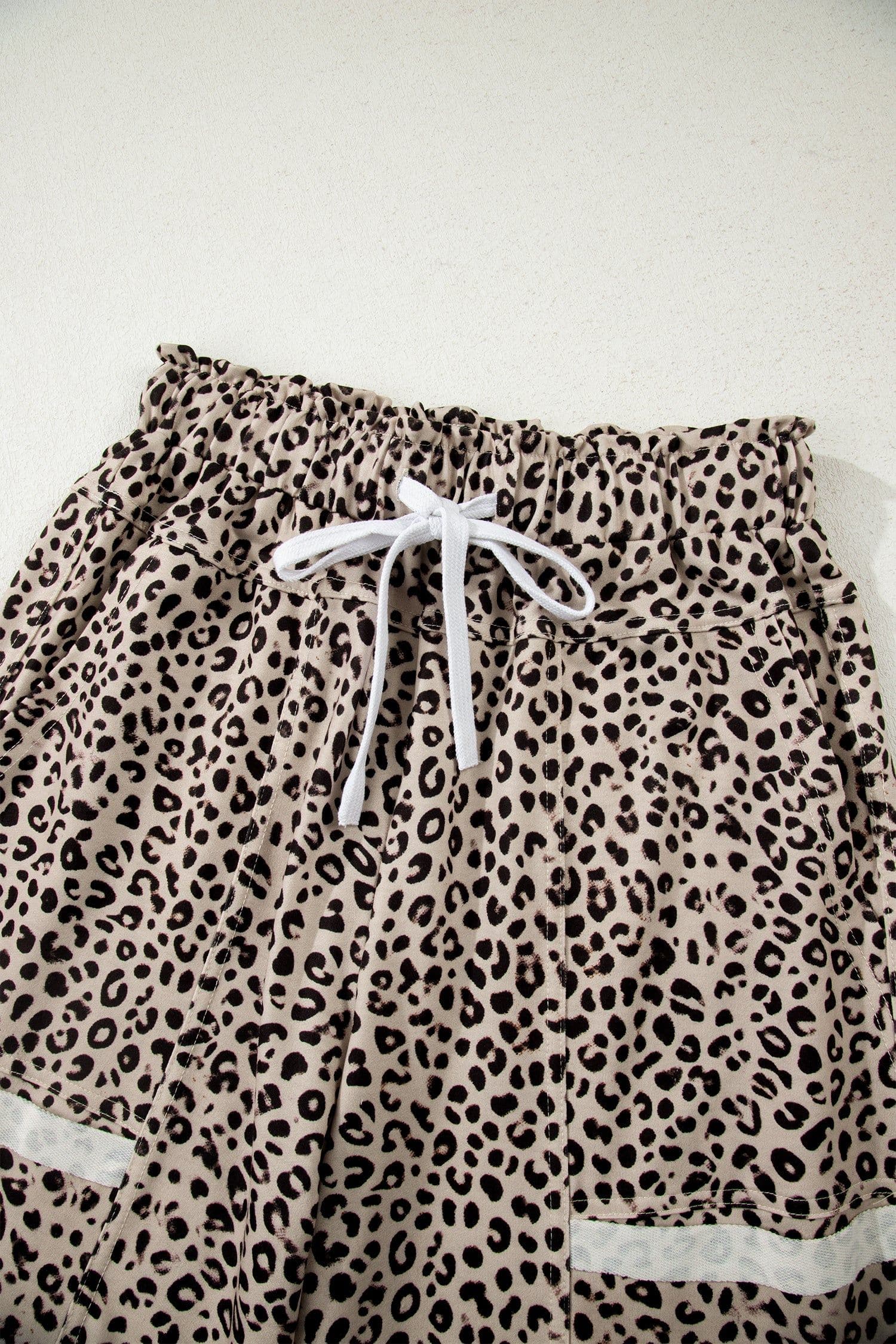 image-Khaki Animal Print Wide Leg Terry Knit Pants
