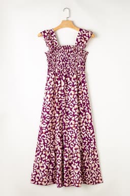 image-Pink Leopard Ruffle Straps Smocked High Waist Long Dress