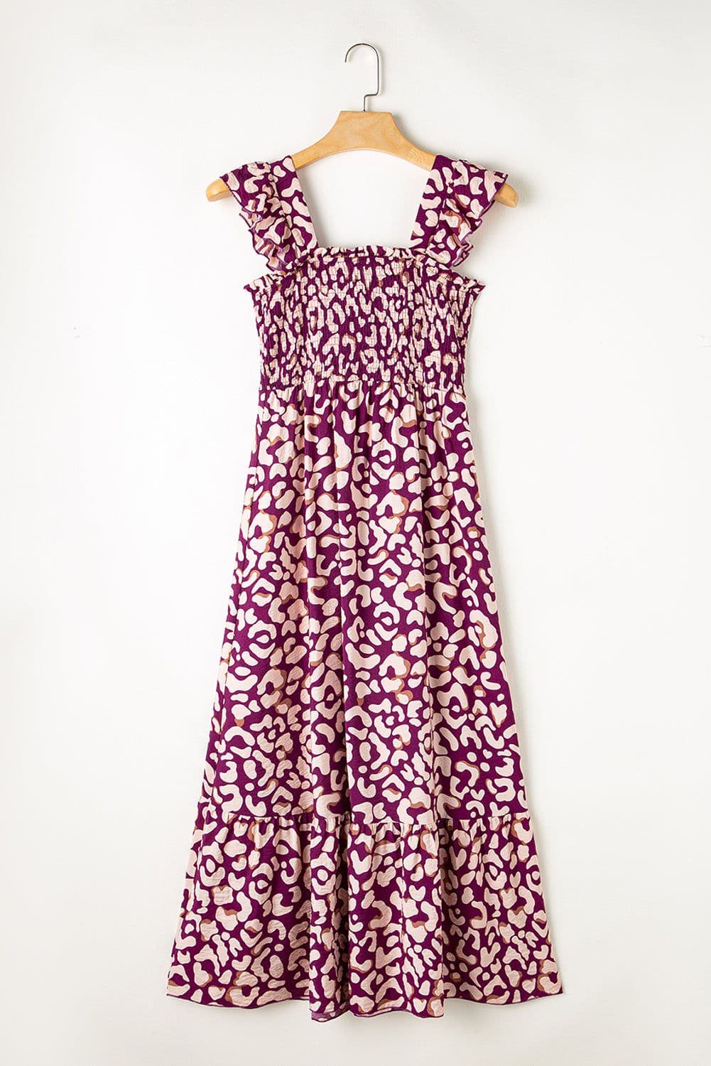 image-Pink Leopard Ruffle Straps Smocked High Waist Long Dress