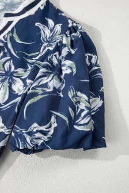 image-Blue Floral Print Short Puff Sleeve Striped Trim V Neck Blouse
