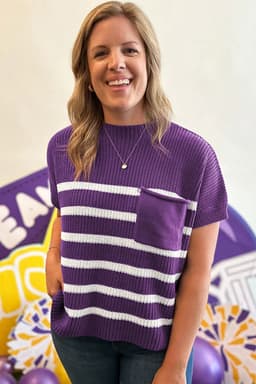 image-Purple Stripe Knit Sweater - Short Sleeve Raw Edge
