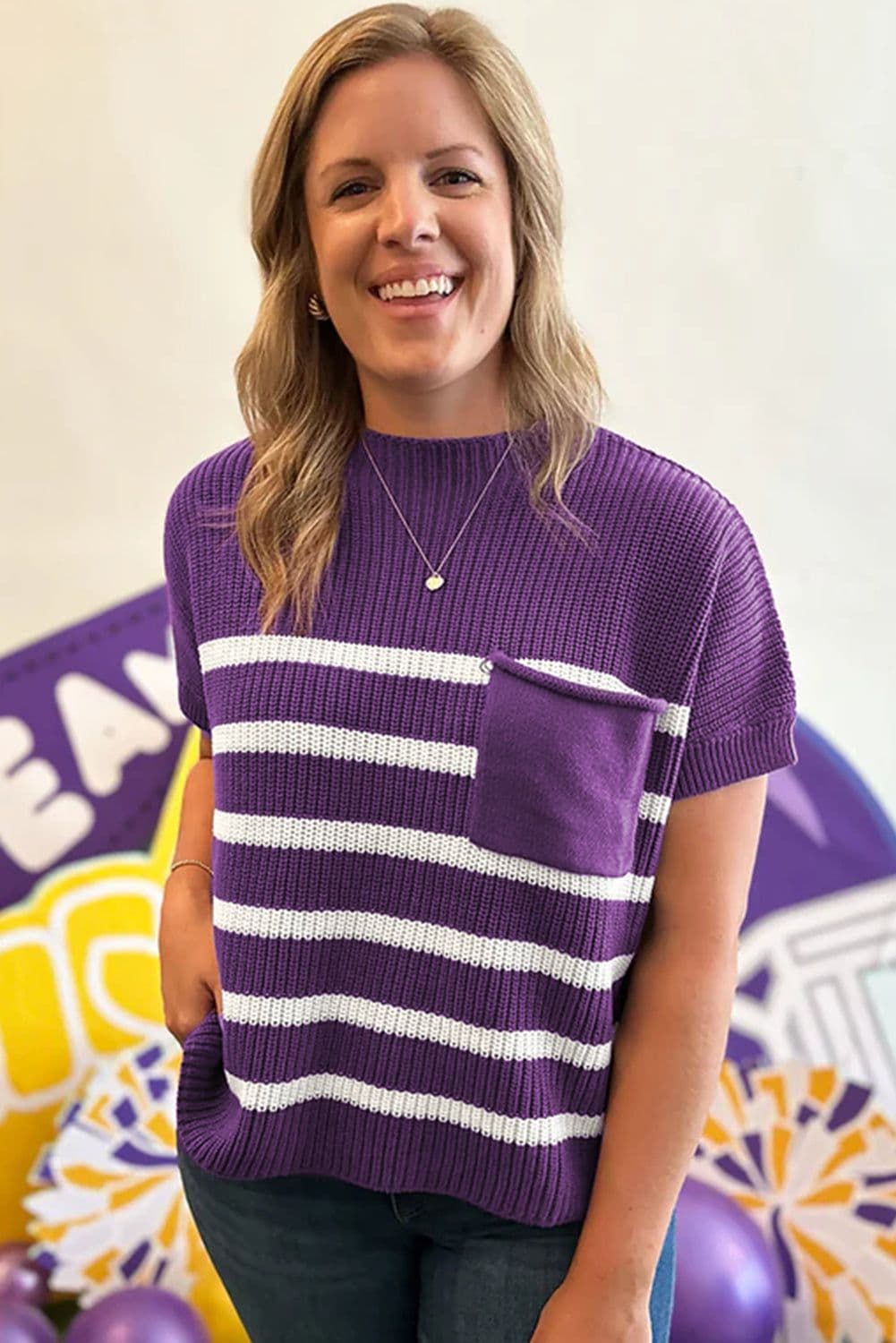 image-Purple Stripe Knit Sweater - Short Sleeve Raw Edge