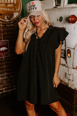 image-Black Ruffle Sleeve V Neck Frilled Shift Dress