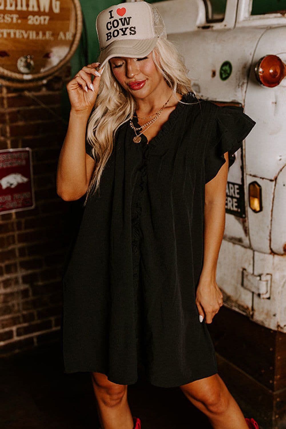 image-Black Ruffle Sleeve V Neck Frilled Shift Dress