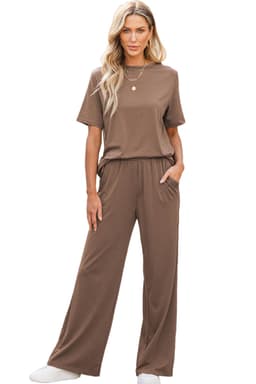 image-Solid Color T-Shirt & Wide Leg Pants Set - 2pcs - Comfortable Fabric