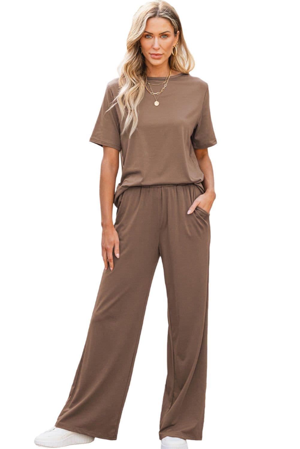 image-Solid Color T-Shirt & Wide Leg Pants Set - 2pcs - Comfortable Fabric