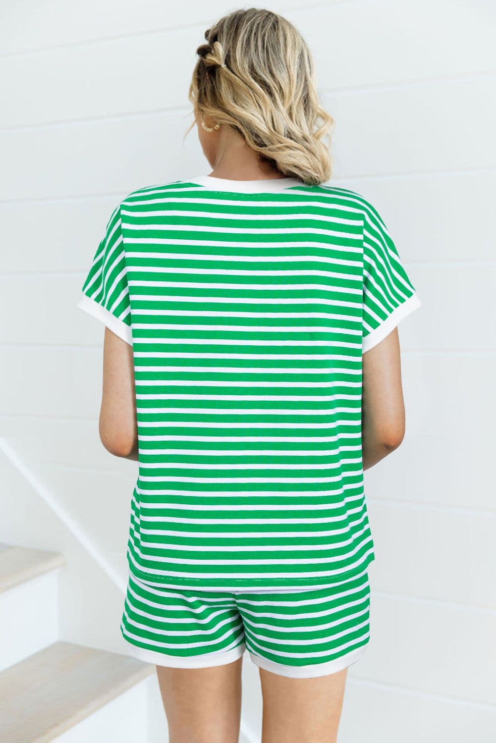 image-Dark Green Striped Cap Sleeve Tee and Shorts Set