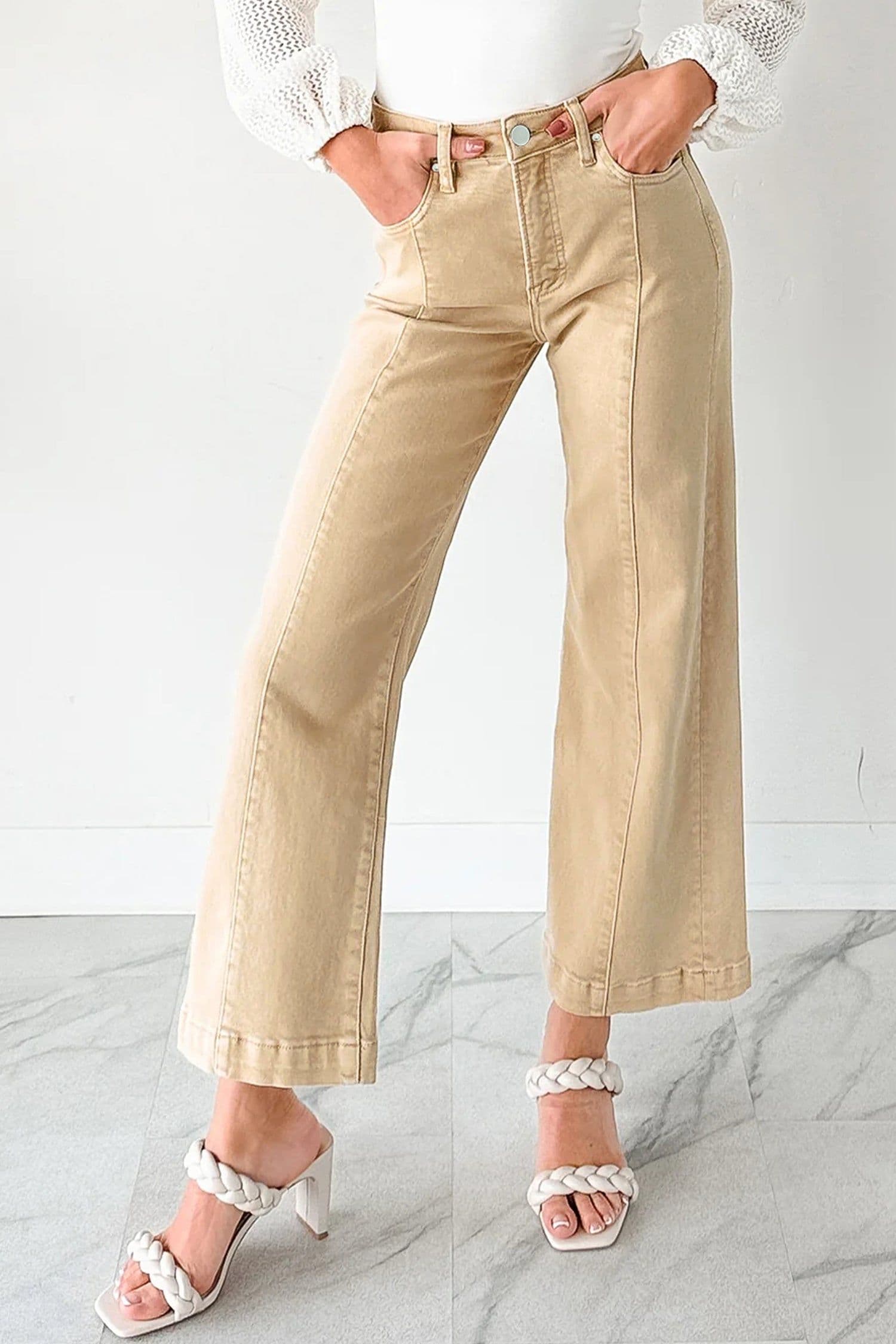 image-Apricot Solid Color Seamed Center Wide Leg Cropped Jeans