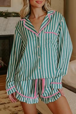image-Green Stripe Contrast Ricrac Trim Long Sleeve Shirt Drawstring Ruffled Pajama Short Set