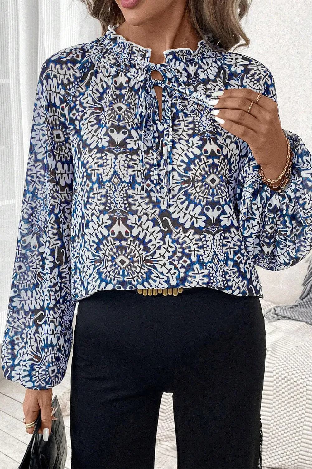 image-Tribal Print Lace-up Frilled Neck Puff Sleeve Blouse - Blue