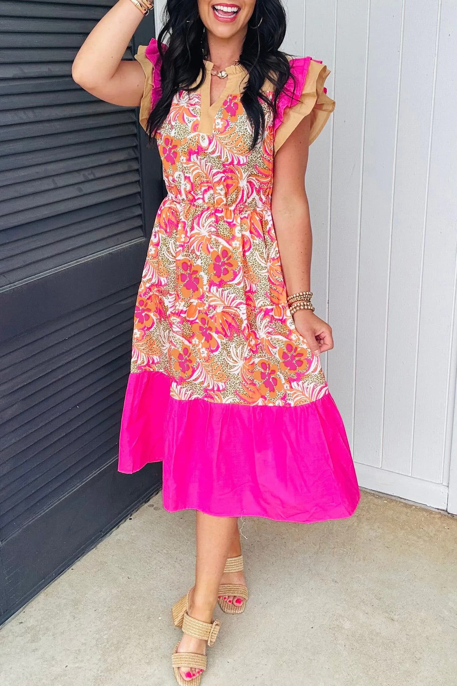 image-Rose Floral Print Color Block Ruffled Short Sleeve Flared Midi Dress