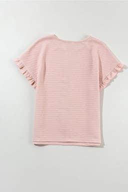 image-Light Pink Ruffled Short Sleeve Blouse - Solid Texture Elegant Design