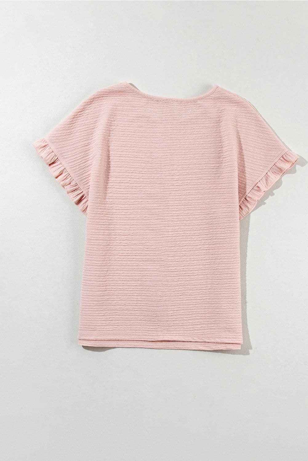image-Light Pink Ruffled Short Sleeve Blouse - Solid Texture Elegant Design