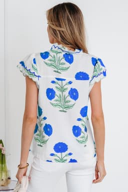 image-Blue Wild Flower Print Contrast Trim Scallop Detail Short Sleeve Blouse