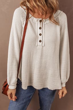 image-Oatmeal Knit Buttoned Front Raglan Loose Blouse