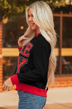 image-Black GAME DAY Letter Graphic Varsity Striped Detail Baggy Sweatshirt