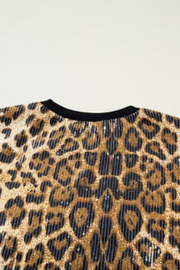 image-Brown Sequin Leopard Pattern Short Sleeve Top