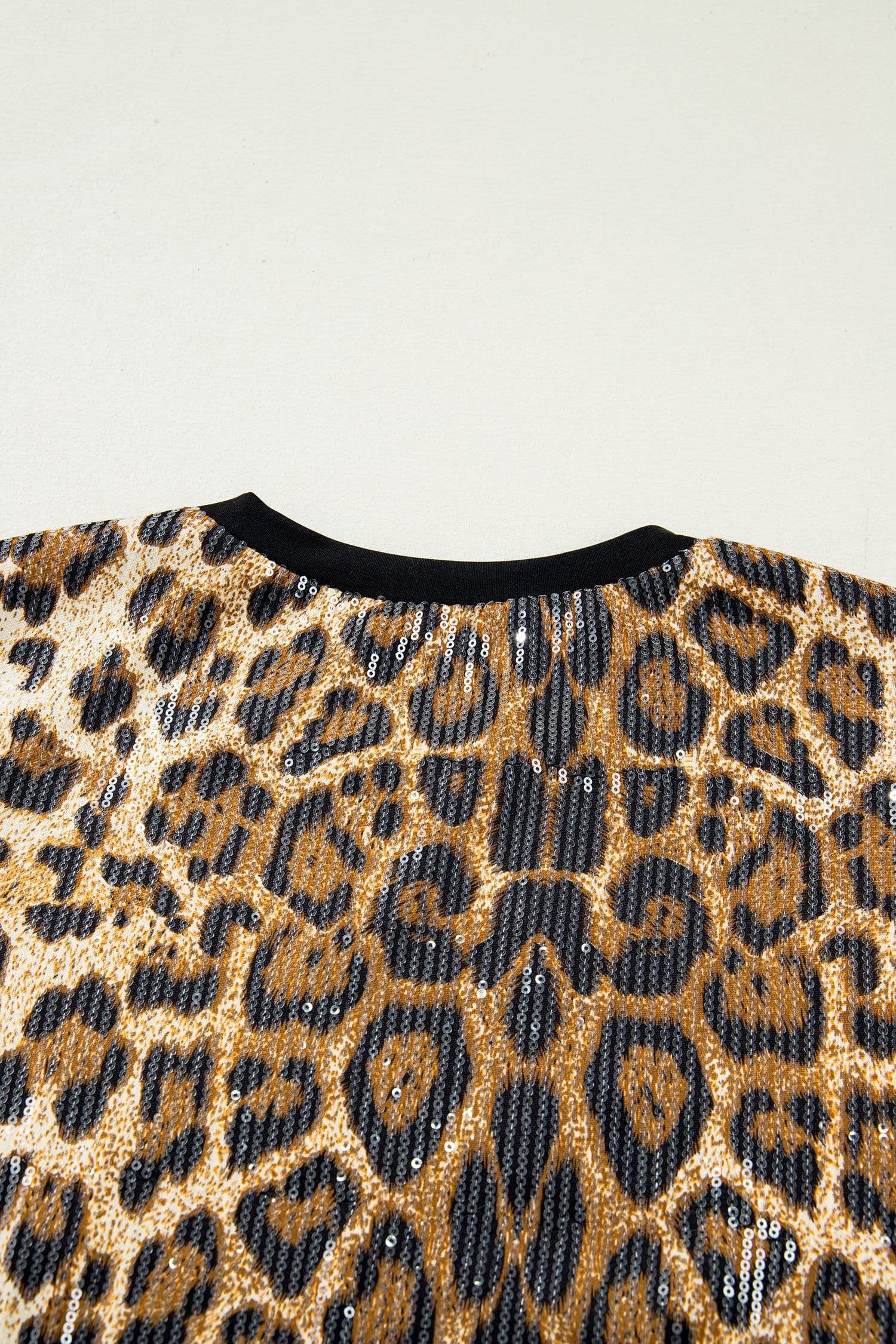 image-Brown Sequin Leopard Pattern Short Sleeve Top