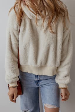 image-Contrast Ribbed Edge Plush Hoodie - White