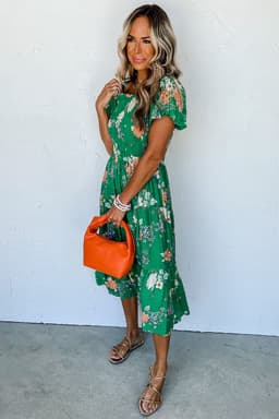 image-Floral Print Bubble Sleeve Midi Dress - Tiered Smocked Design (59 characters)